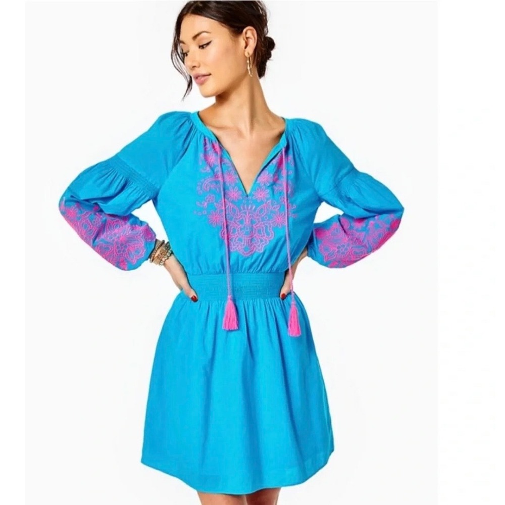Lilly Pulitzer Blue Pink Embroidered Tassel Smocked‎ Mini Dress Size Small